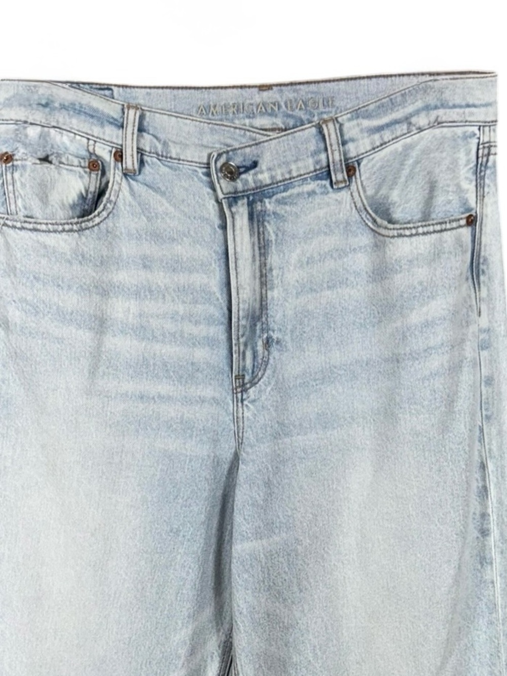 American Eagle Hi Rise Straight Baggy Jeans Size 12 Distressed Cross Over Button - Picture 2 of 7